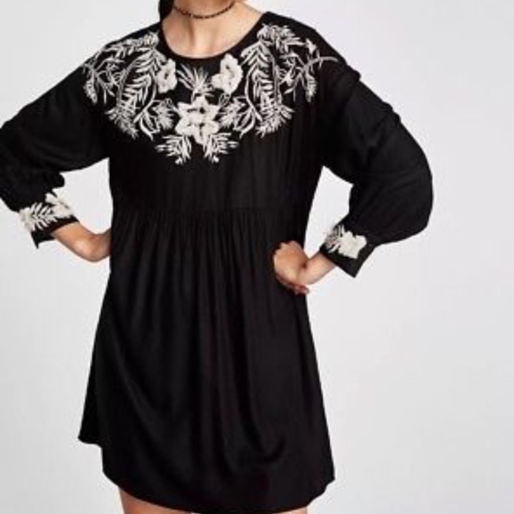 New with tags ZARA Black Dress, White Embroidery